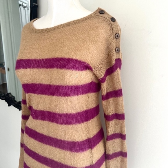 Ann Taylor LOFT Tan w/ Magenta Stripes Mohair Blend Crew Neck Sweater - Picture 4 of 5